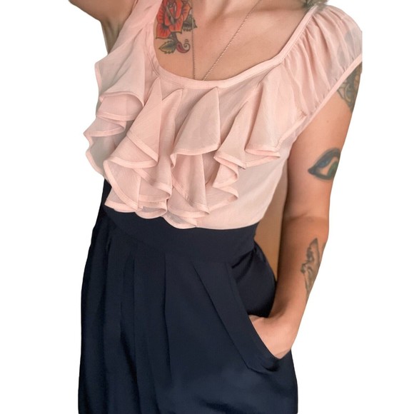 Forever 21 Dress Ruffle Front Pockets Empire Waist Sheath Pink Black Medium - Picture 11 of 12